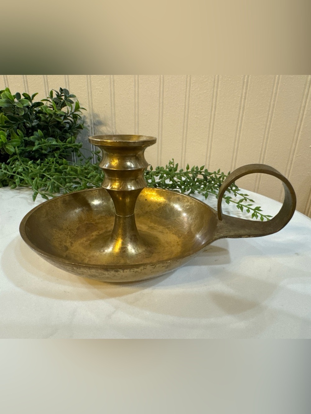 Vintage Brass Chamberstick Candle Holder Primitive Patina Large Japan